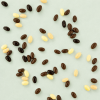 Chocolade jelly beans verspreid over lichtgroene achtergrond
