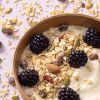 Havermuesli cranberry & amandel als topping op yoghurt met bramen in een houten schaaltje