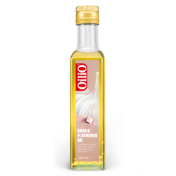 Glazen fles met zonnebloemolie met knoflooksmaak van het merk Oilio 250ml