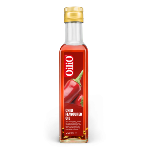 Glazen fles zonnebloemolie met chilismaak van het merk Oilio 250ml