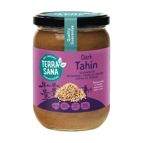 500 gram pot Dark Tahin sesampasta biologisch van het merk Terrasana