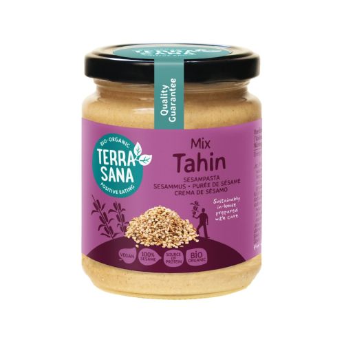 Glazen potje 250 gram Tahin Mix sesampasta biologisch van het merk Terrasana