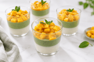 Mango matcha yoghurt panna cotta Mango matcha yoghurt panna cotta